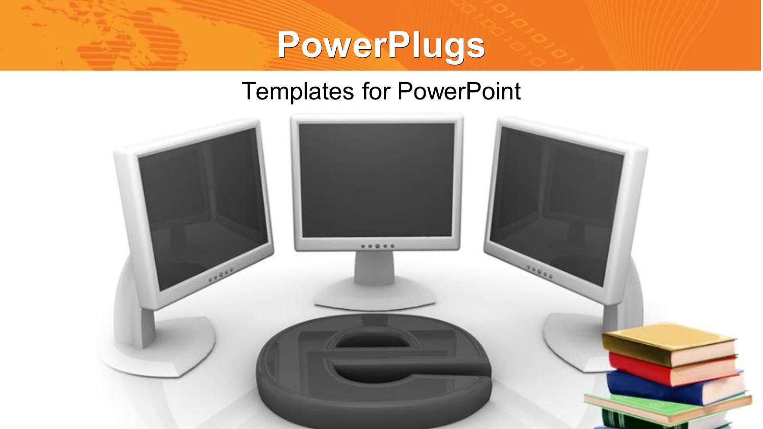 Three Computer Monitors with large 3D Email Symbol and Book Pile