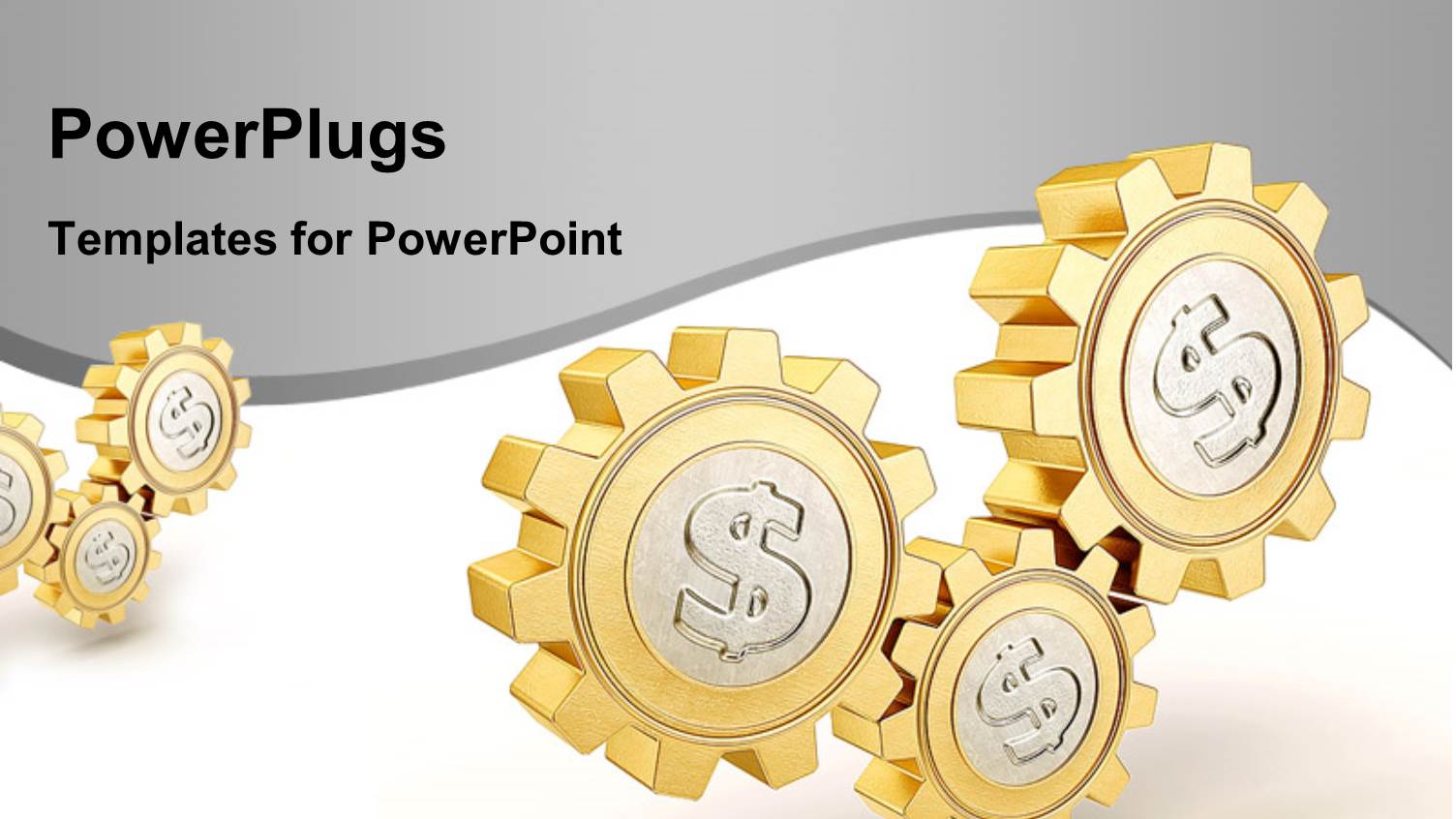 Three Connected Gold Gears with Dollar Sign on White and Grey Background