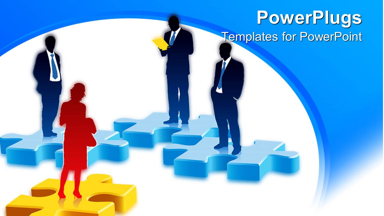 Three Corporate Men and a Lady Standing on Jigsaw Puzzle