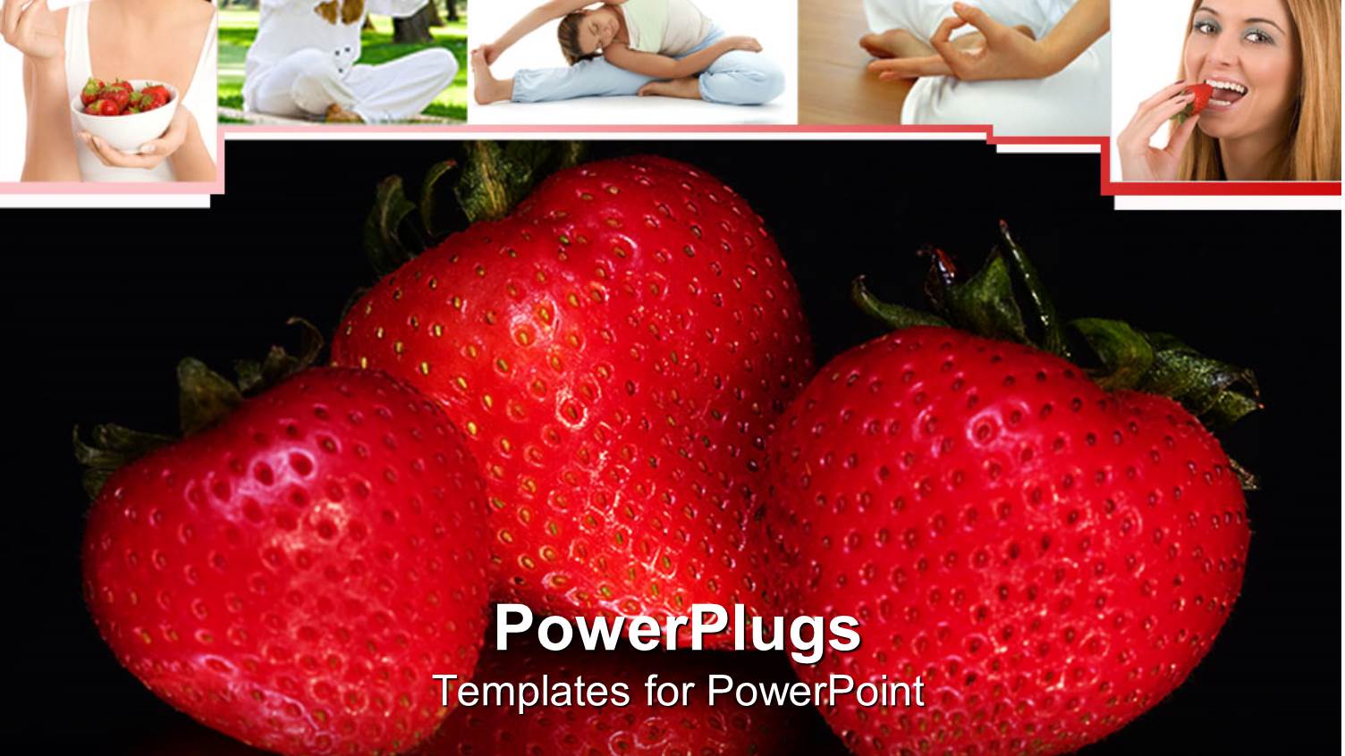 Three Cute Strawberries Arranged on Black Background with Collage of Woman Eating