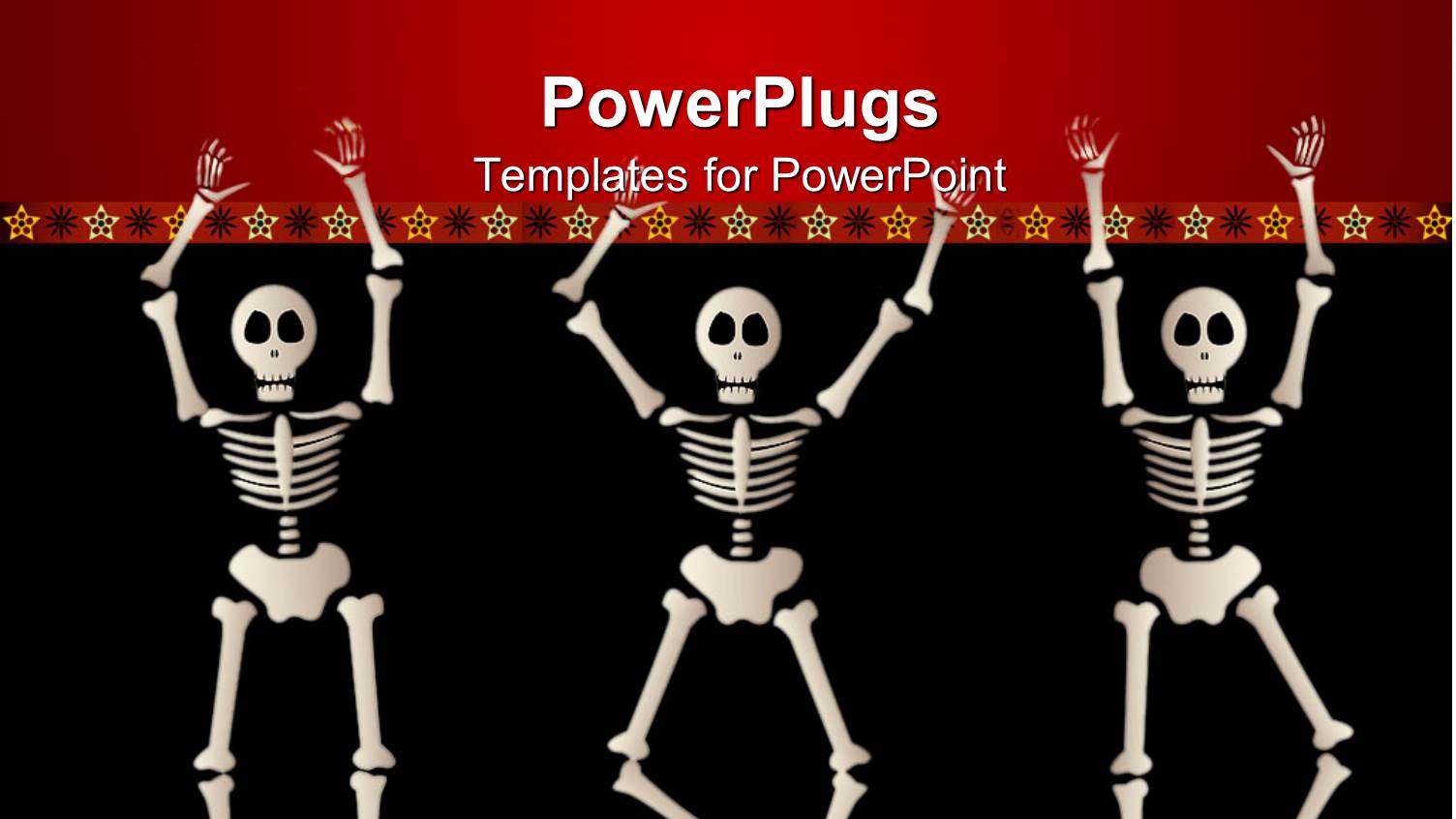 Three Dancing Skeletons Against a Red and Black Background with Yellow Stars