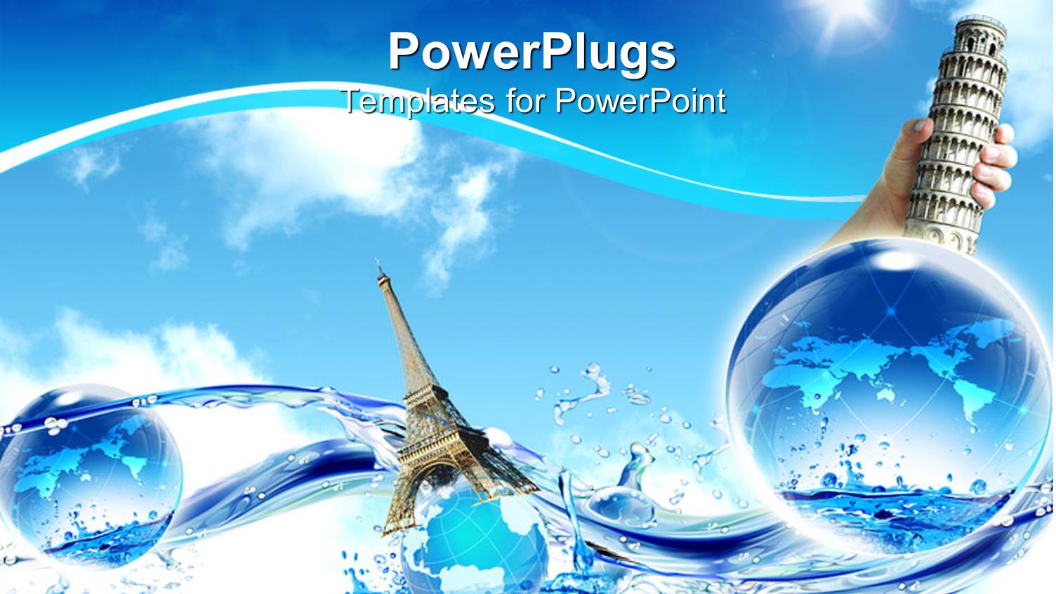 Three Depictions of Globe from smaller to larger Eiffel Tower, Tower of Babel Water and Splash