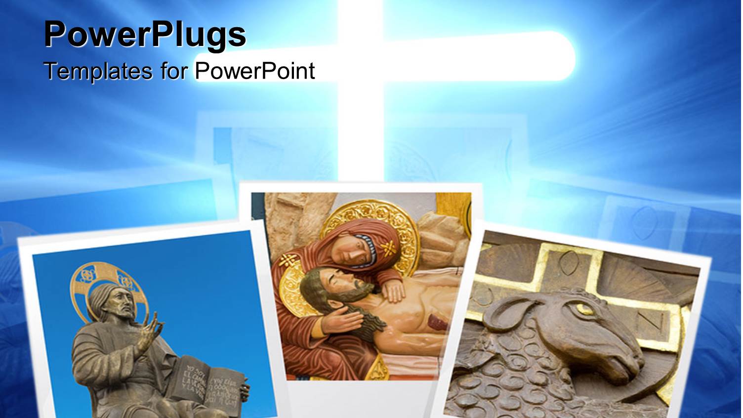 Three Depictions of Religious Items and Statues Over Glowing Cross on Blue Background