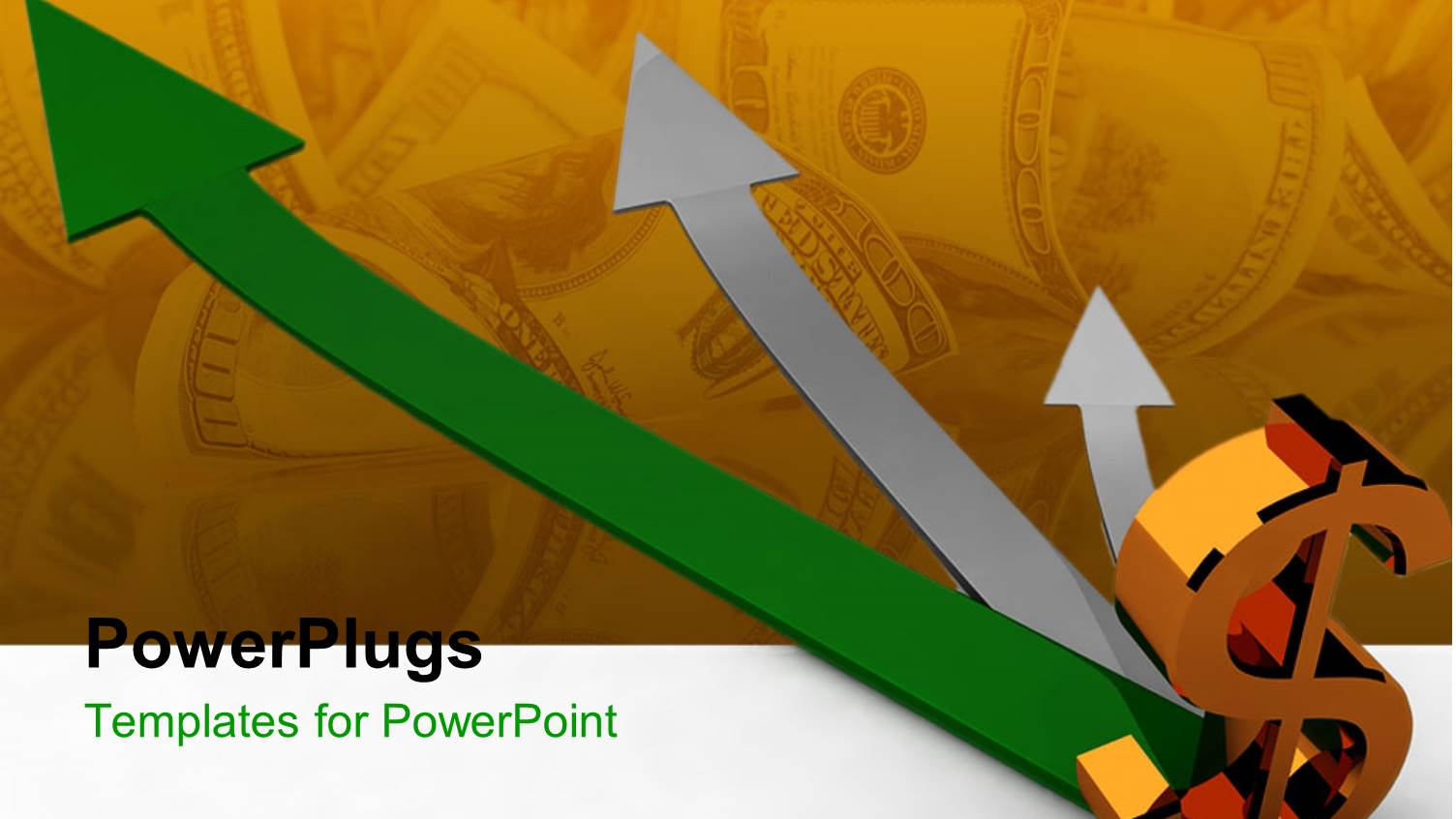 Three Dimensional Gold Dollar Sign with Arrows Pointing Toward Background of Hundred Dollar Bills