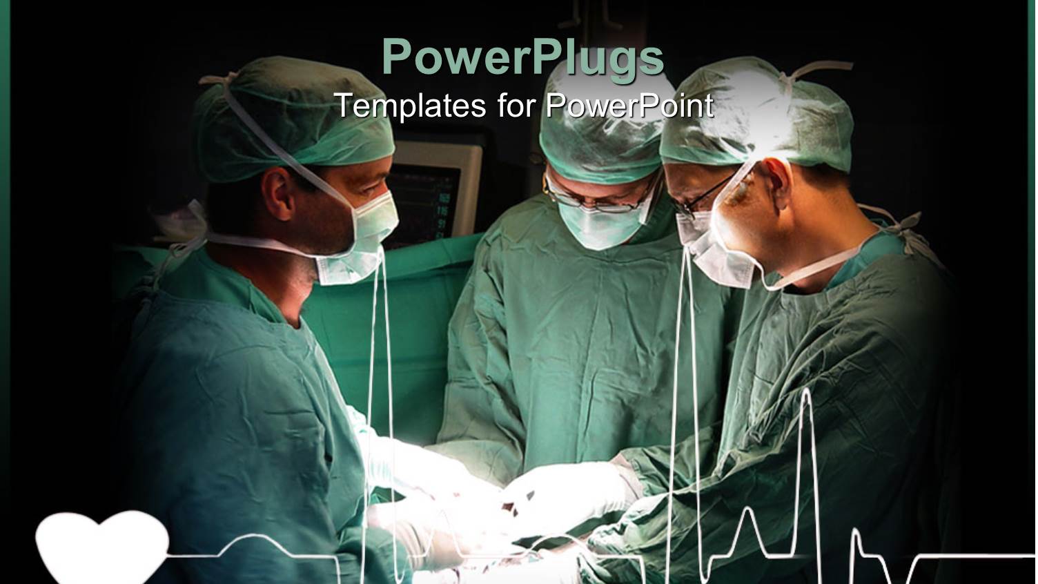 Three Doctors Performing Surgery on a Patient with Beating Heart Ad Cardiogram Heart Line in Hospital Setting and Black
