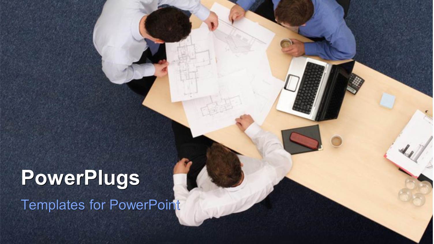 Three Executives Discussing some Documents on Table with Blue Flooring