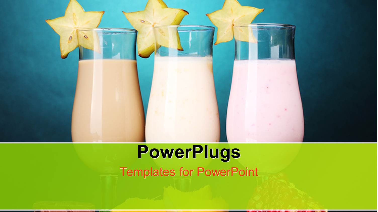 Three Glasses of Milk Shake with Fruits on Blue Background