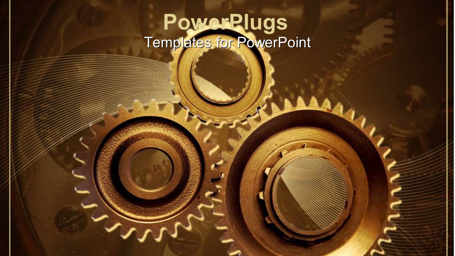 Three Gold Colored Interlocking Gears on a Brown Background