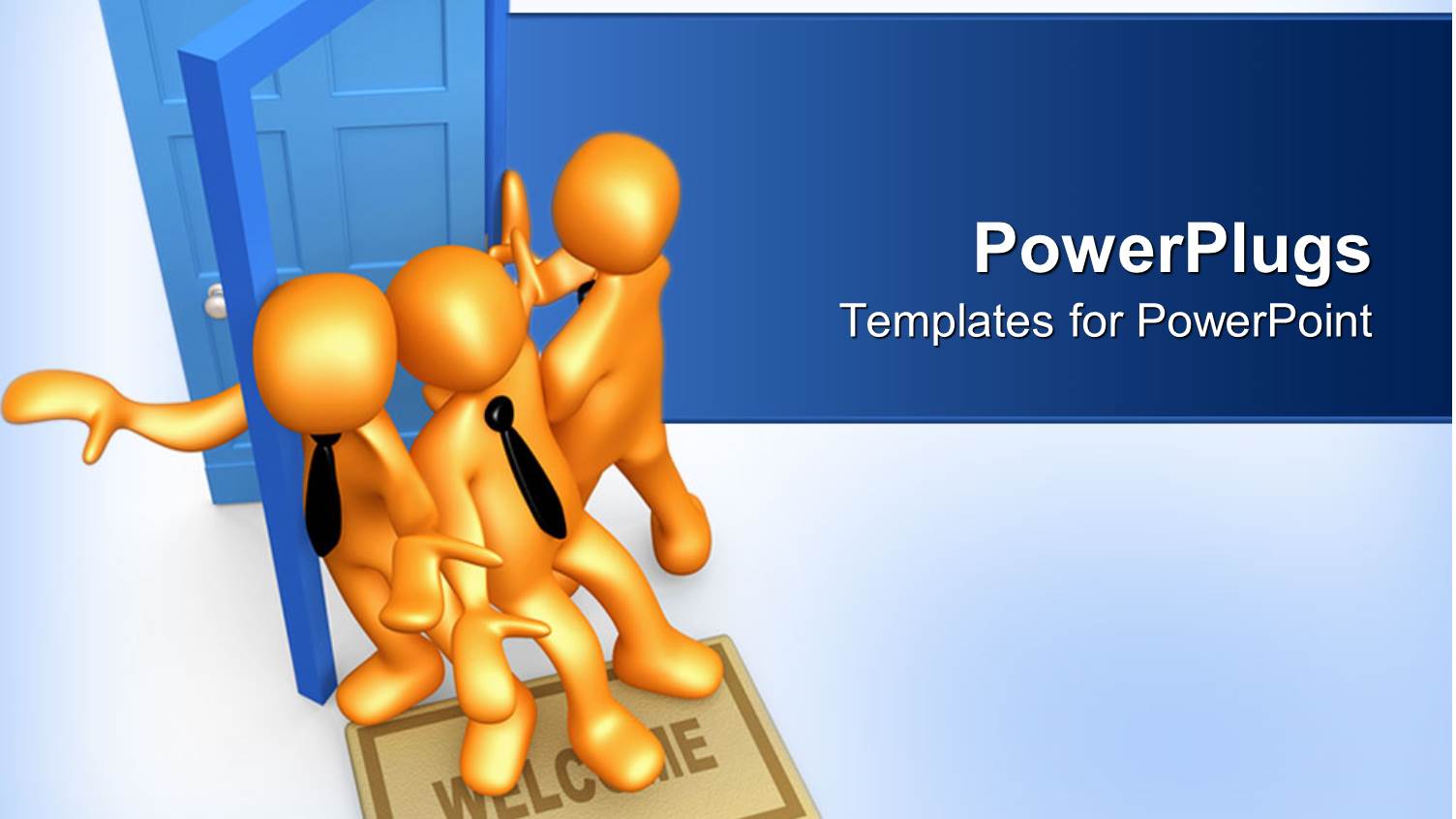 Three Gold Figures in Black Neck Ties Trying to Pass Through Blue Doorway at Same Time