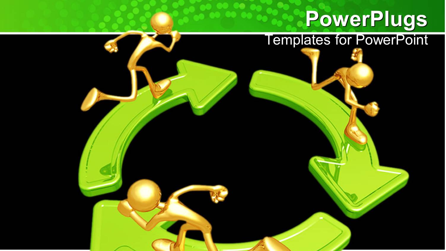 Three Gold Figures Running on Green Arrows Arranged in Circle