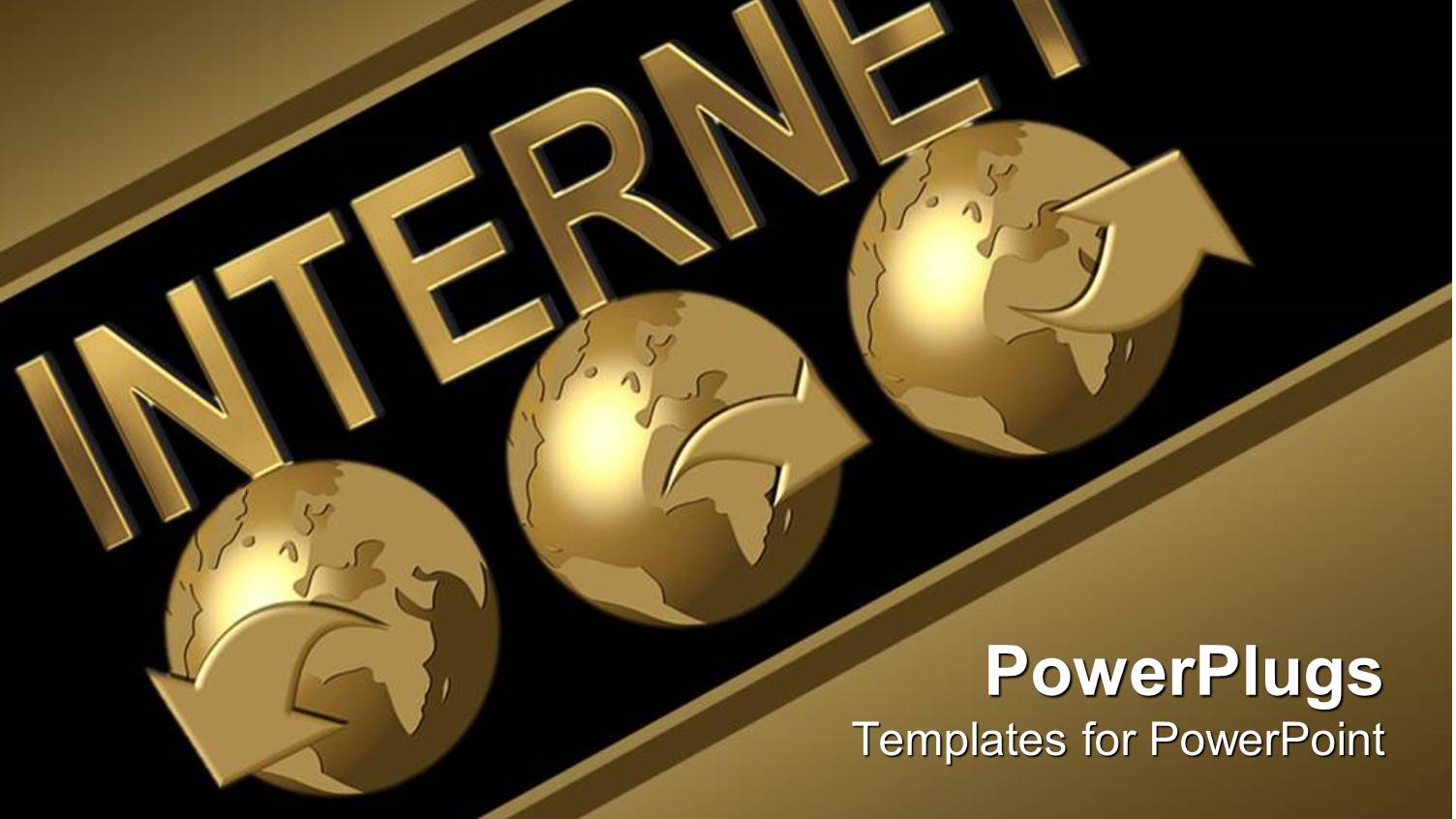 Three Gold Plated Earth Globes on Black Surface with Text 'Internet'