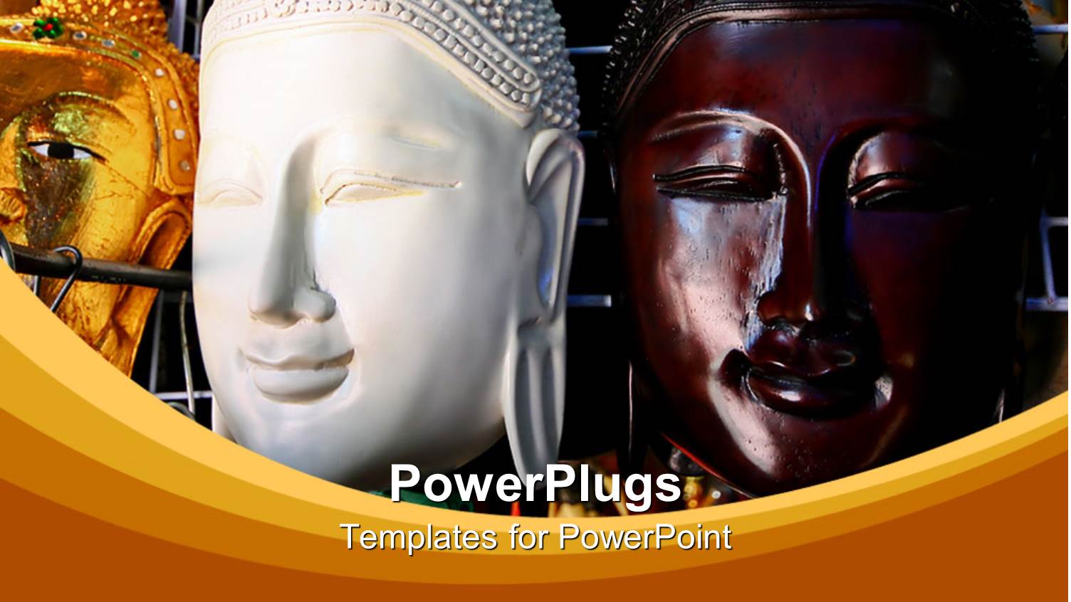 Three Gold, White and Brown Colored Face Masks of Buddha