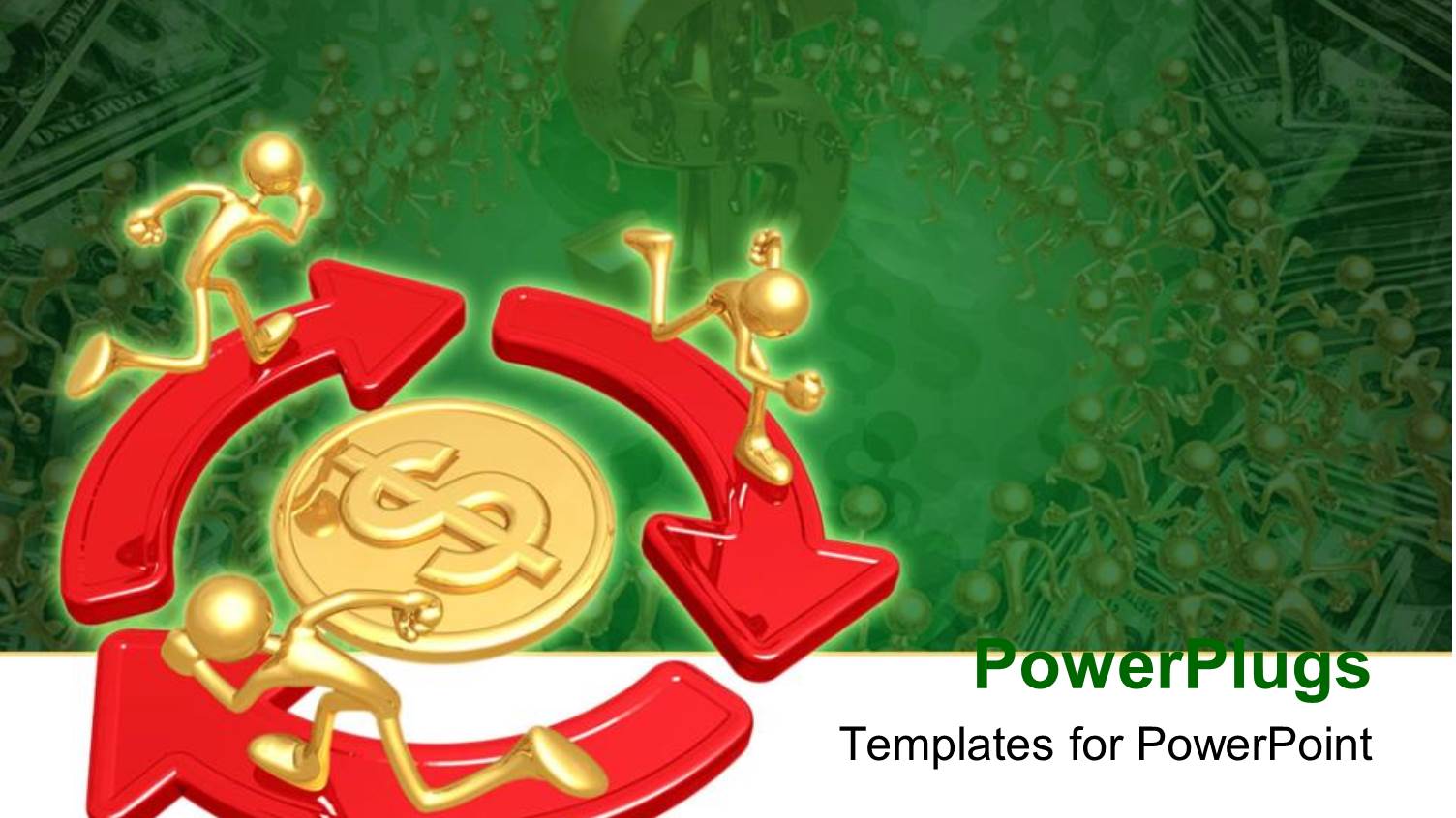 Three Golden Characters Running on Arrows Around a Dollar Sign