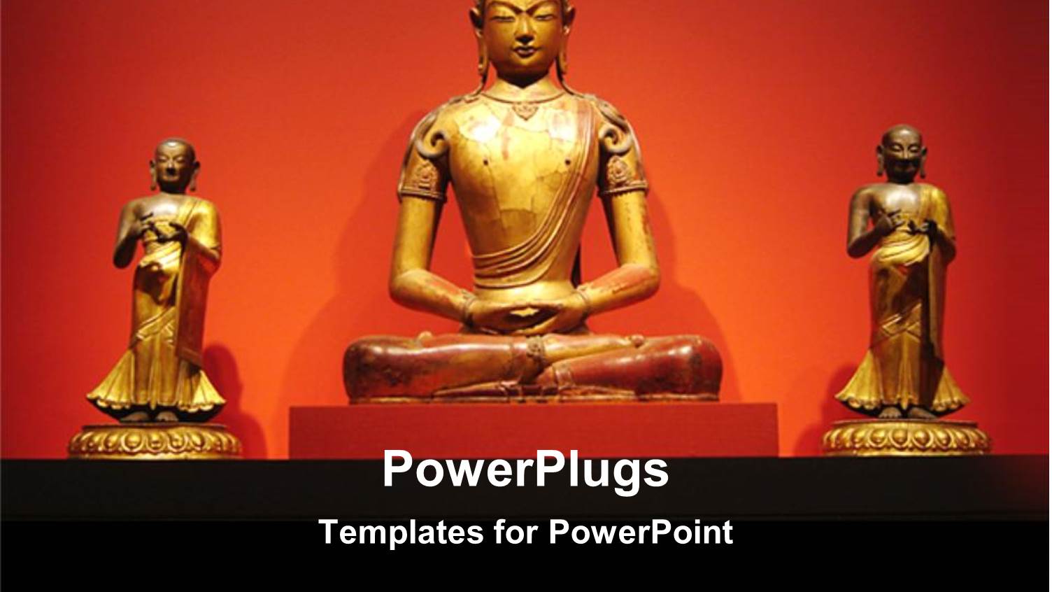 Three Golden Statues of Buddha Over an Orange Background