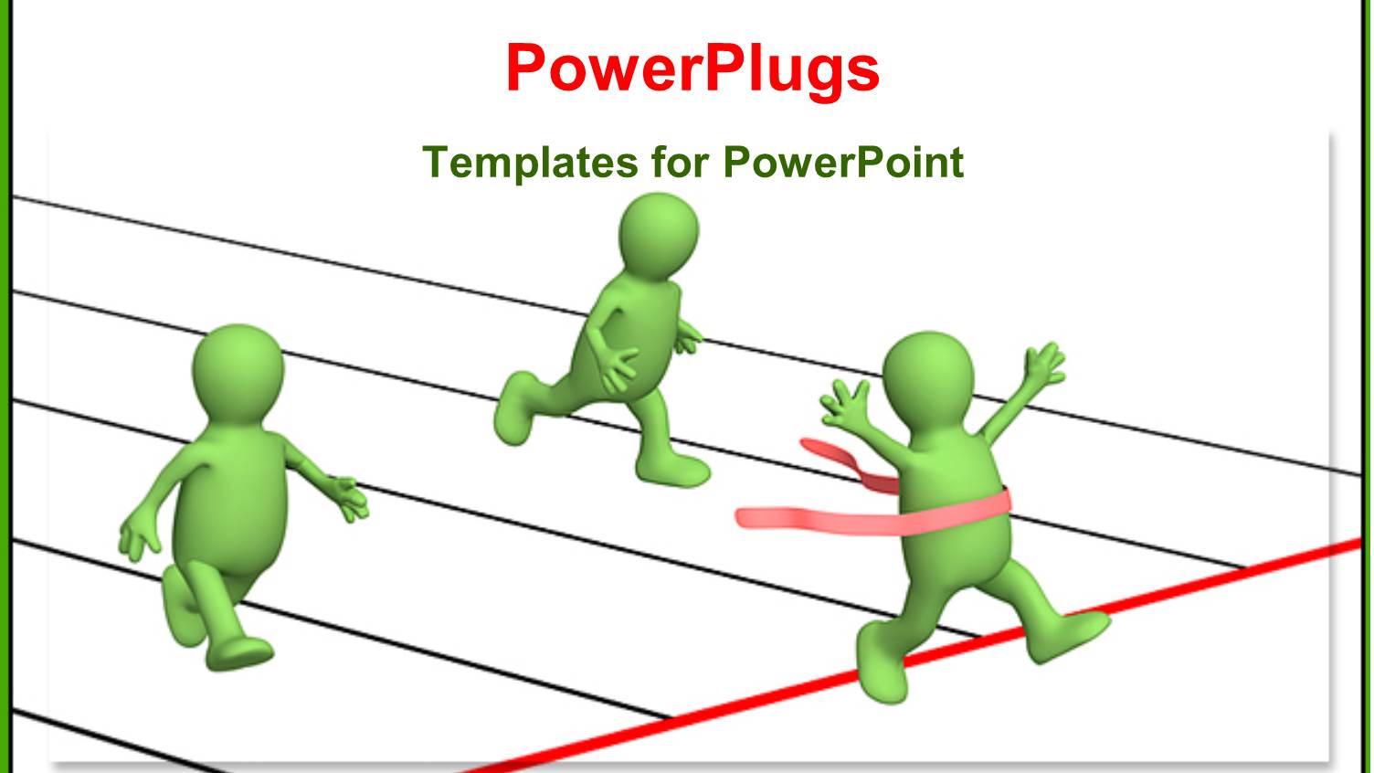 Three Green 3D Characters Running across a Finish Line
