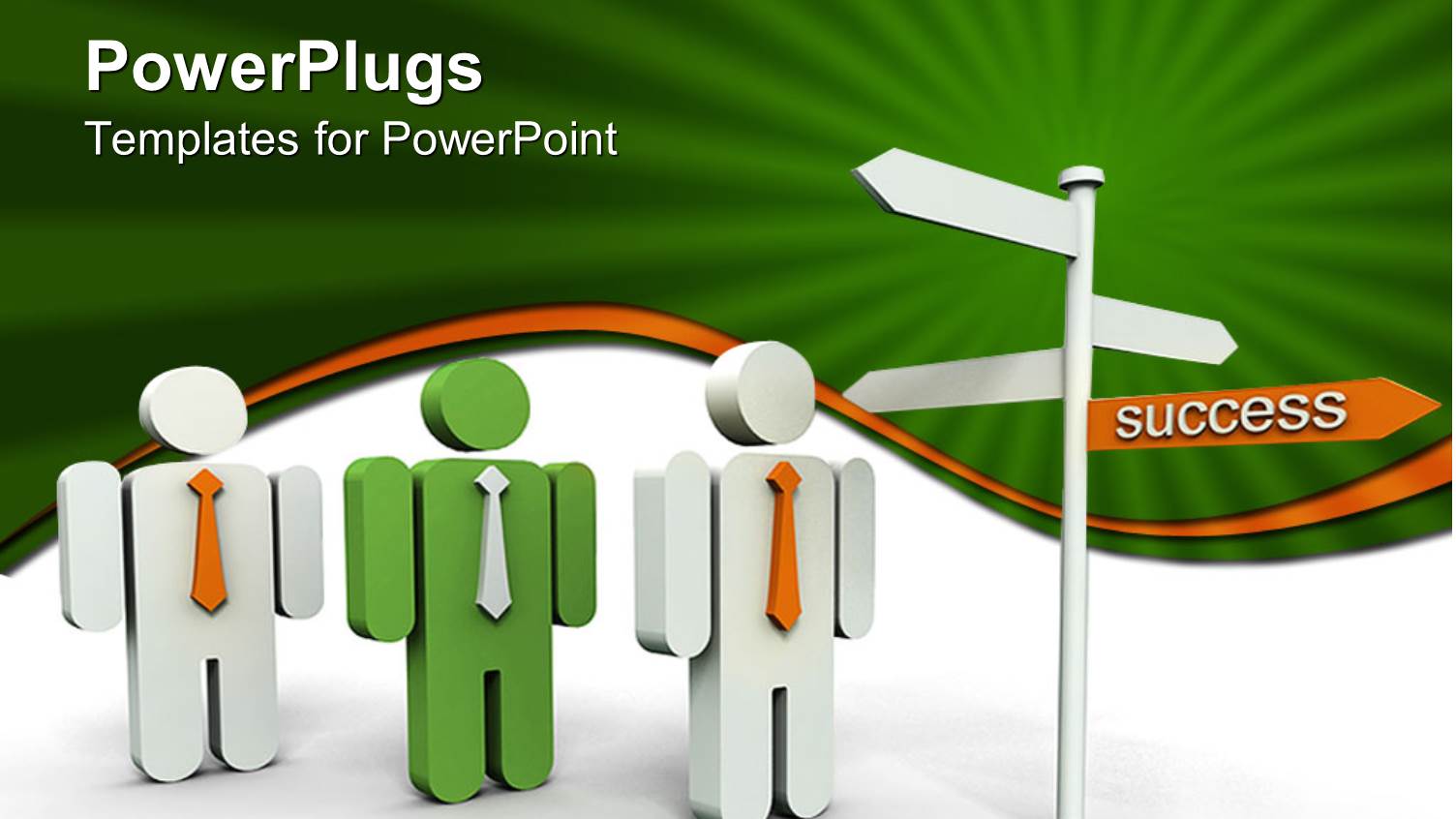 Three Green and White Human Characters Standing in Front of a Signpost