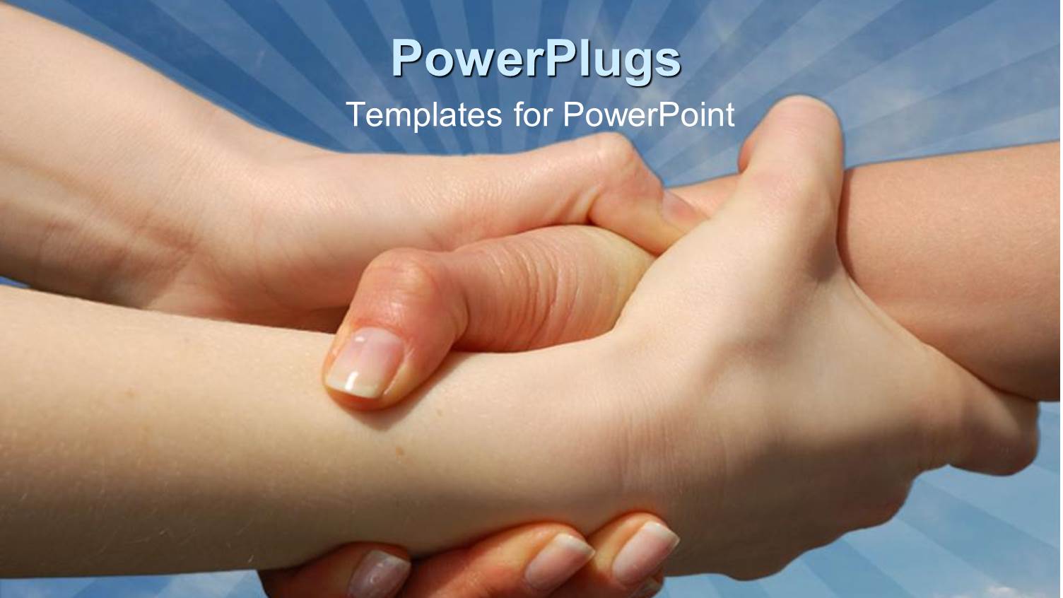 Three Hands Holding Each other on a Blue Shy Background