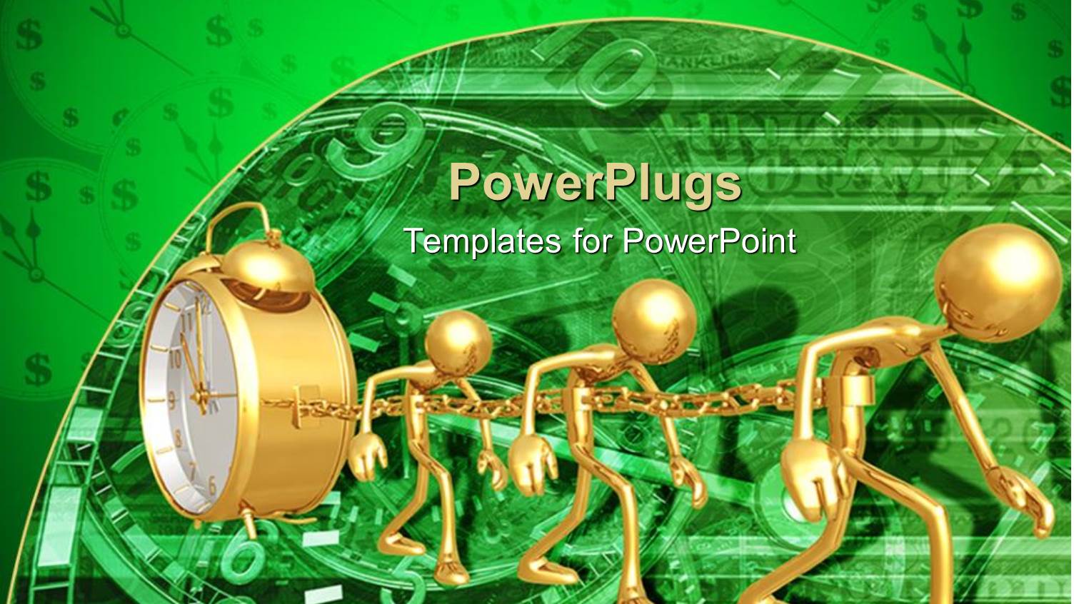 Three Human Figures Chained Together with an Alarm Clock on a Green Background