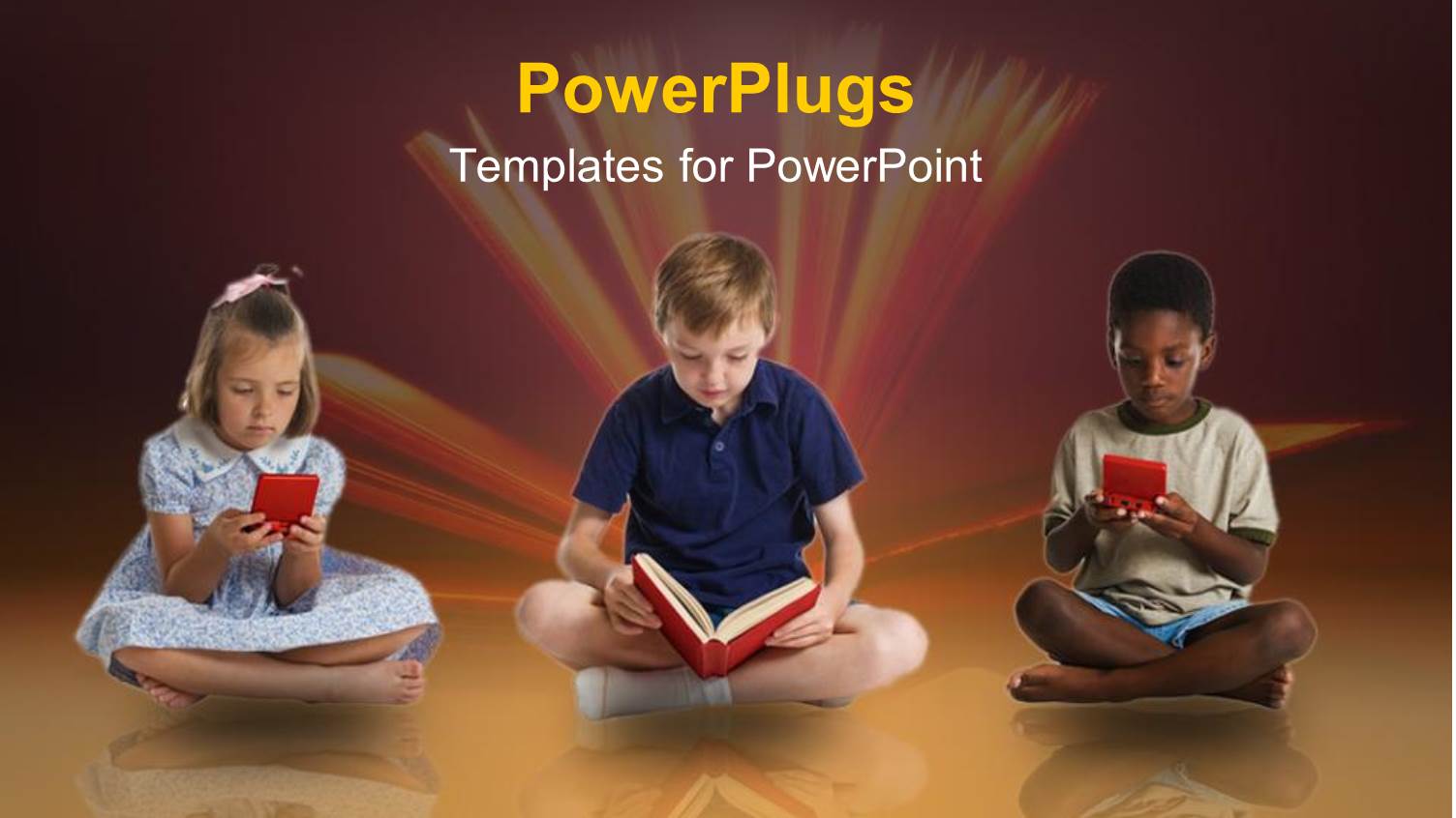 Three Kids Sitting Cross Legged Reading and Playing Video Game