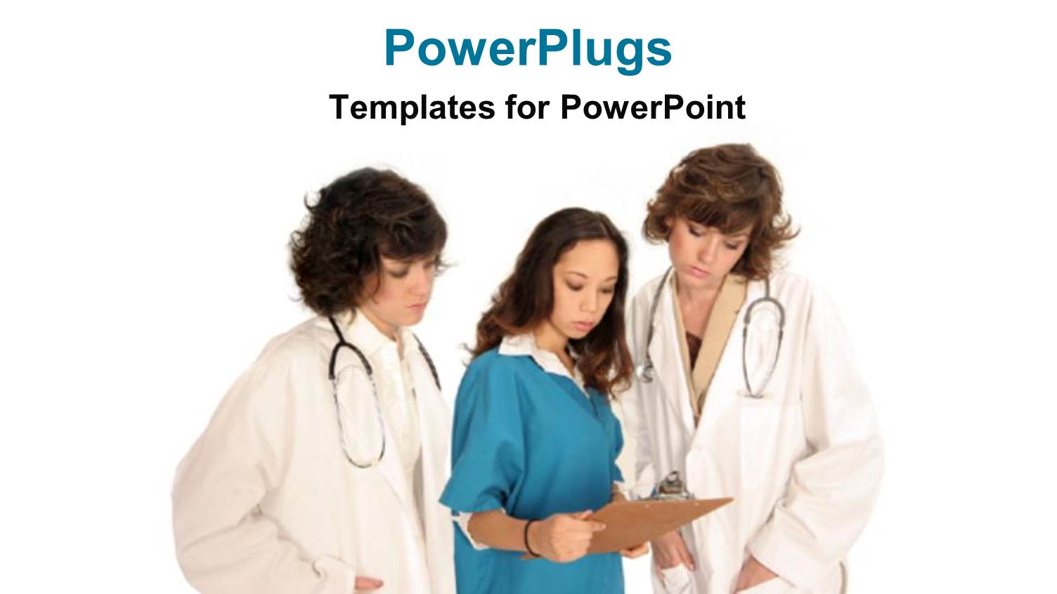 Three Ladies in Lad Coats and Stethoscopes Looking at a Report