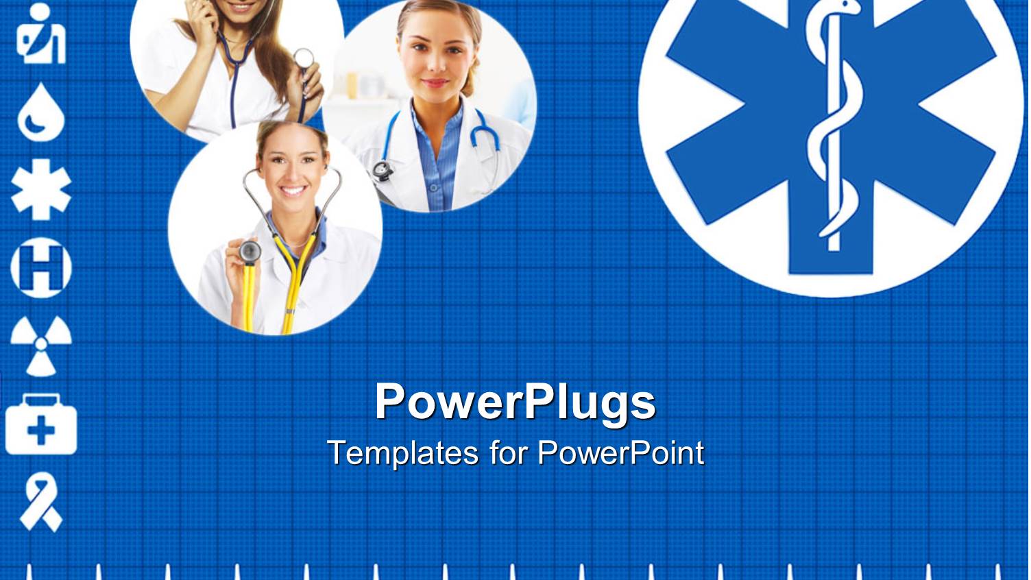 Three Lady Doctors, Different Signs of Medical Background and Heart Beat Pattern on Blue Background