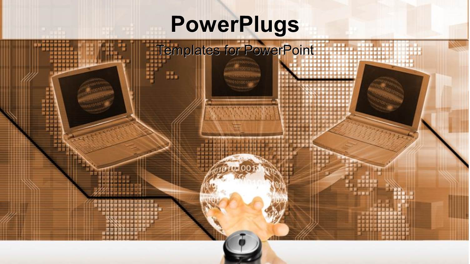 Three Laptops Connected to Glowing Globe and Hand Reaching for Computer Mouse