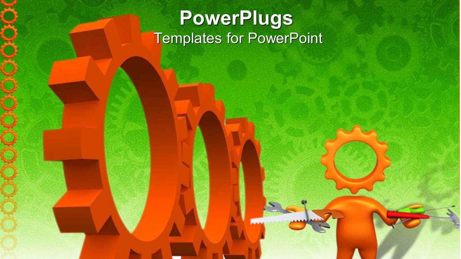Three large Orange Colored Gears on a Green Background