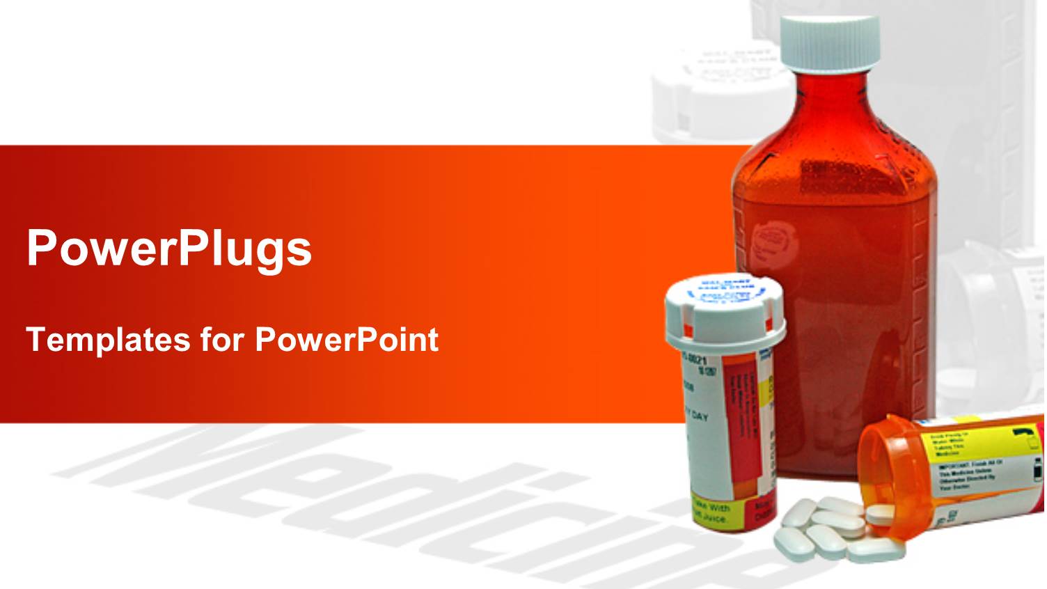 Three Medicine Bottles, One Overturned and Spilling Tablets on White Background