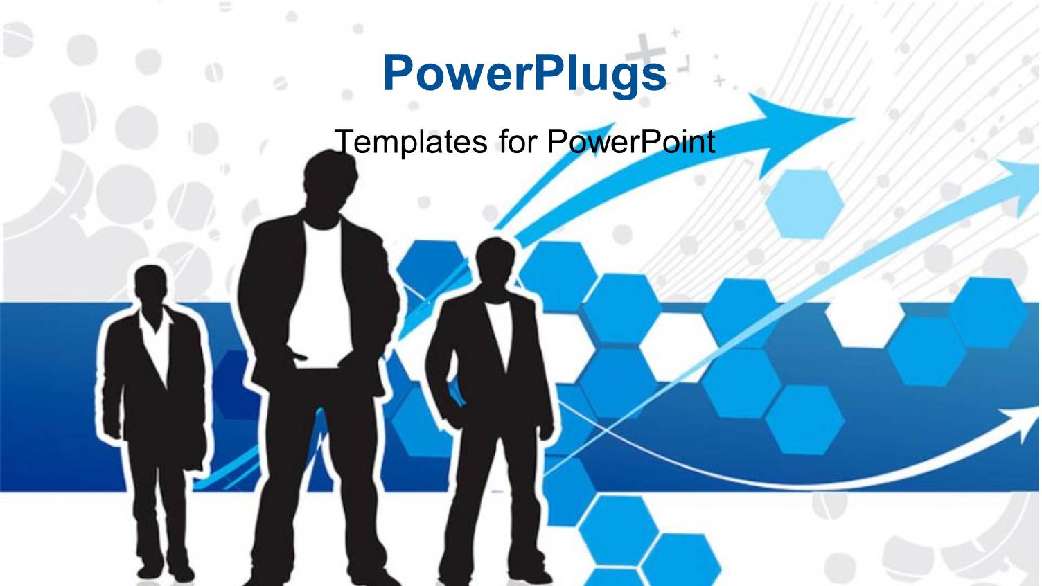 Three Men Standing Over Abstract Background with Colored Shapes