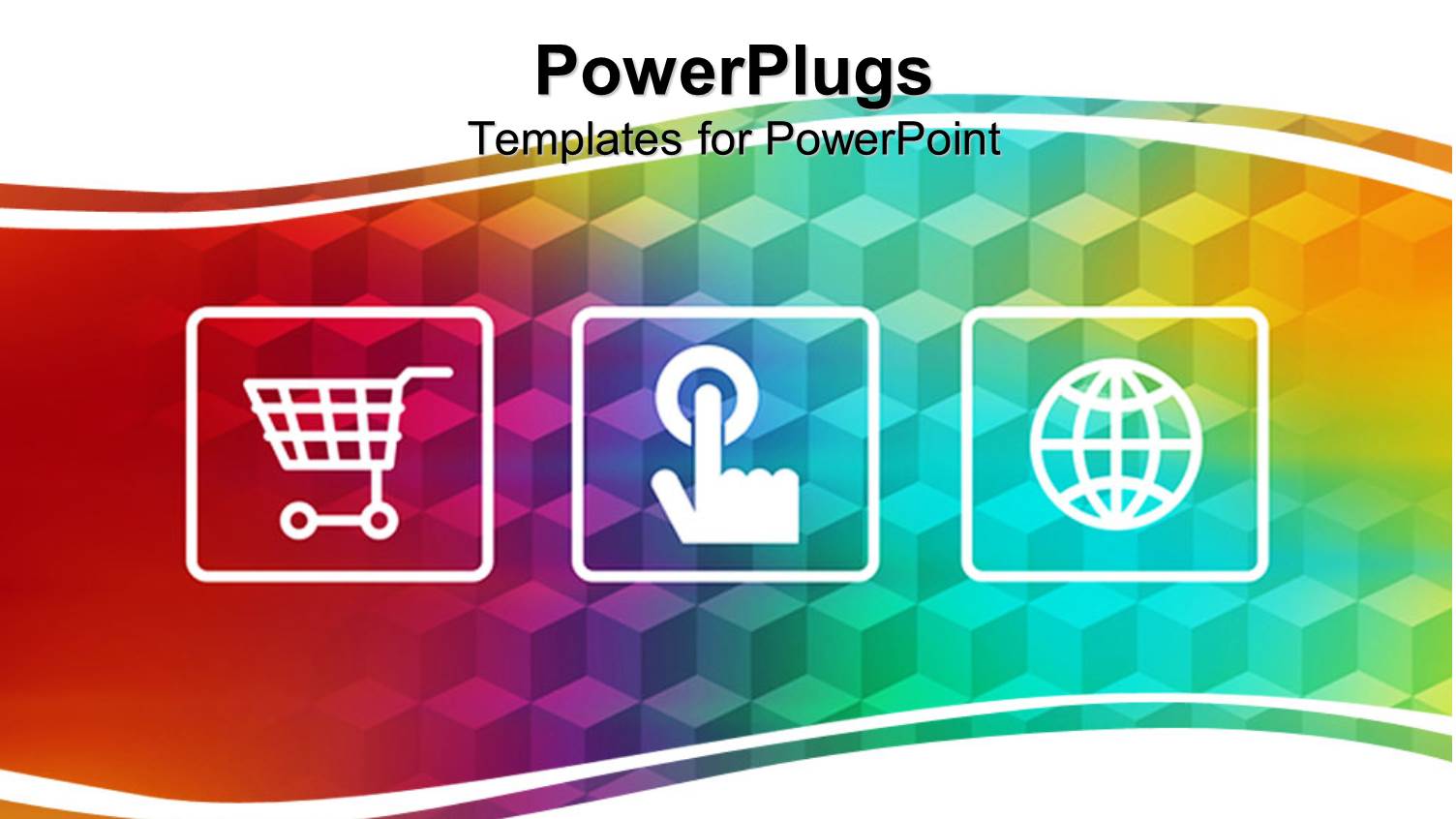 Three Online Shopping Depictions Depicting Shopping Cart, Finger Pointing a Button and Shopping Icon on Rainbow Colored