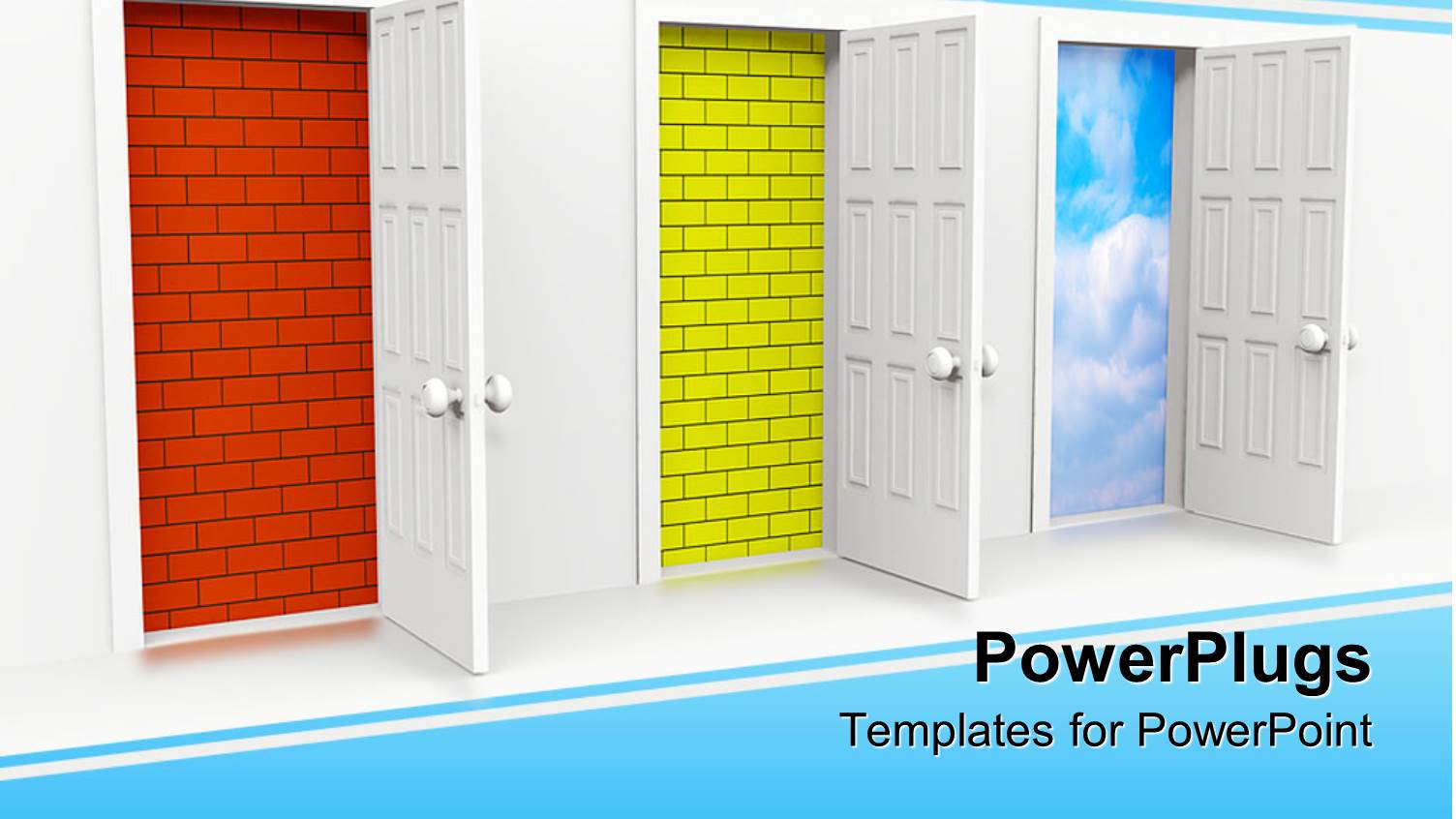 Three Open Doors Leading to Orange Brick, Yellow Brick and Cloudy Sky