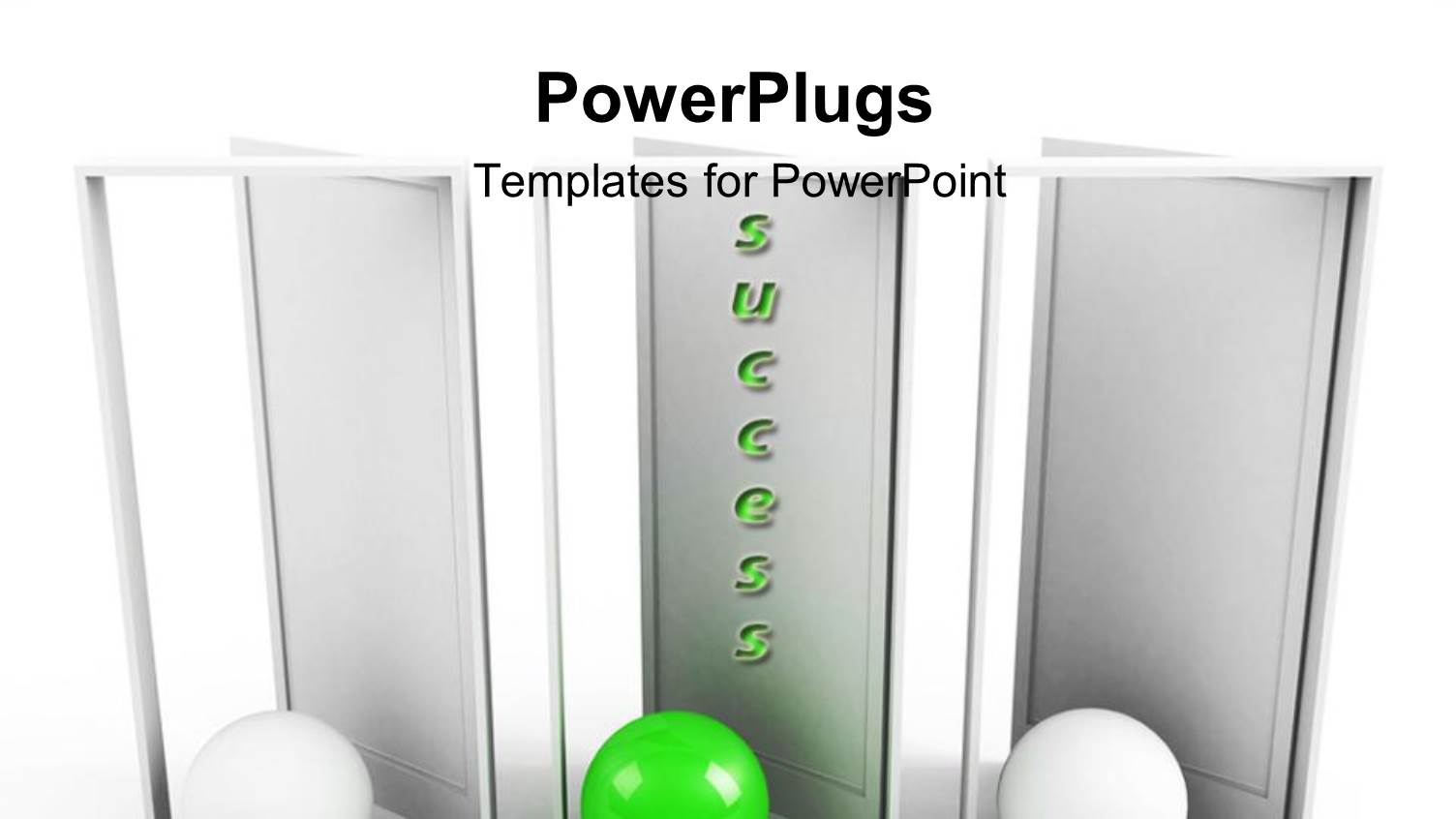 Three Partially Opened Doors with Spheres Going Through Doors, Green Sphere in Front of Success Door