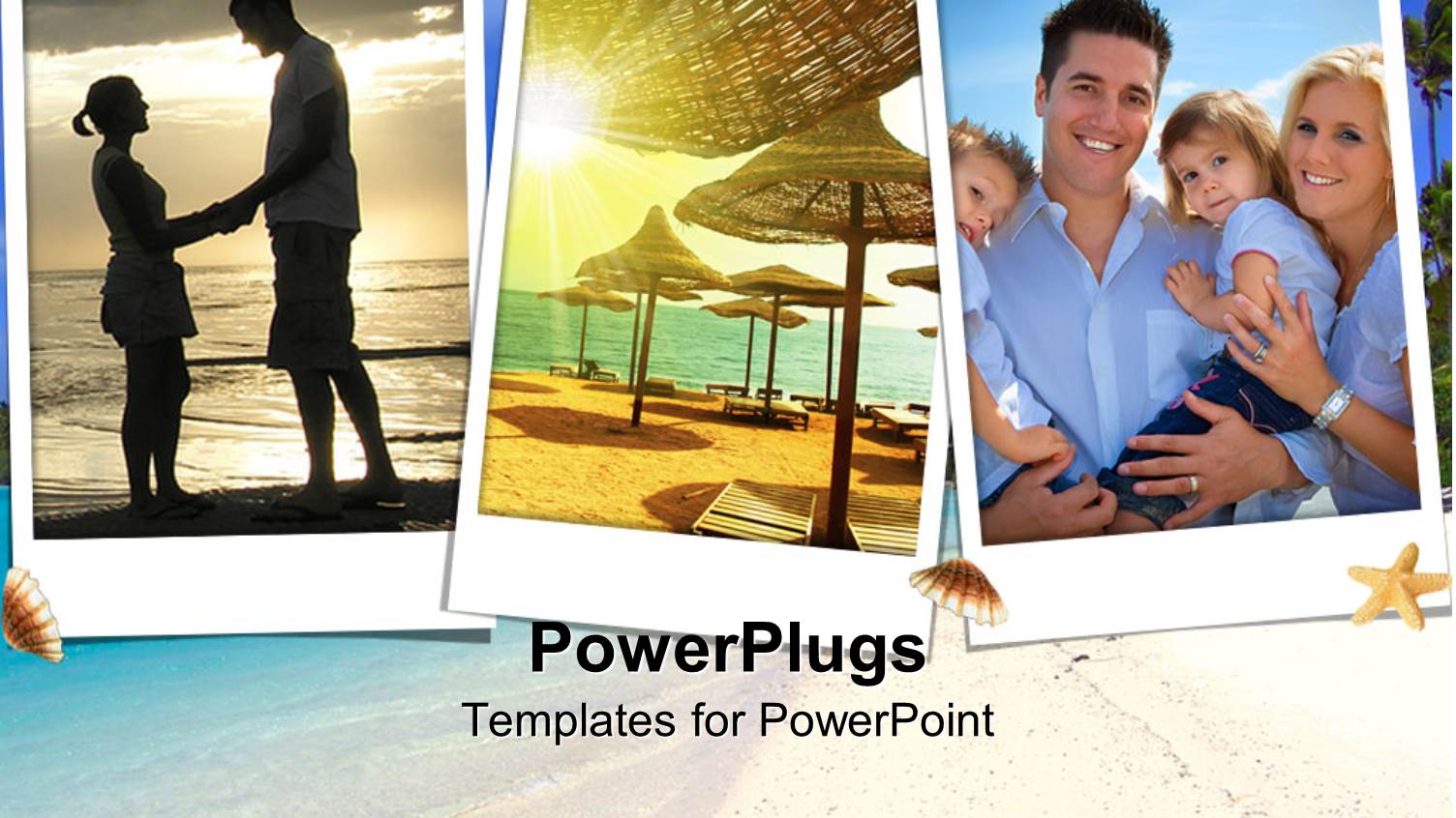 Three Pictures Showing a Beach, Family, and Two Lovers