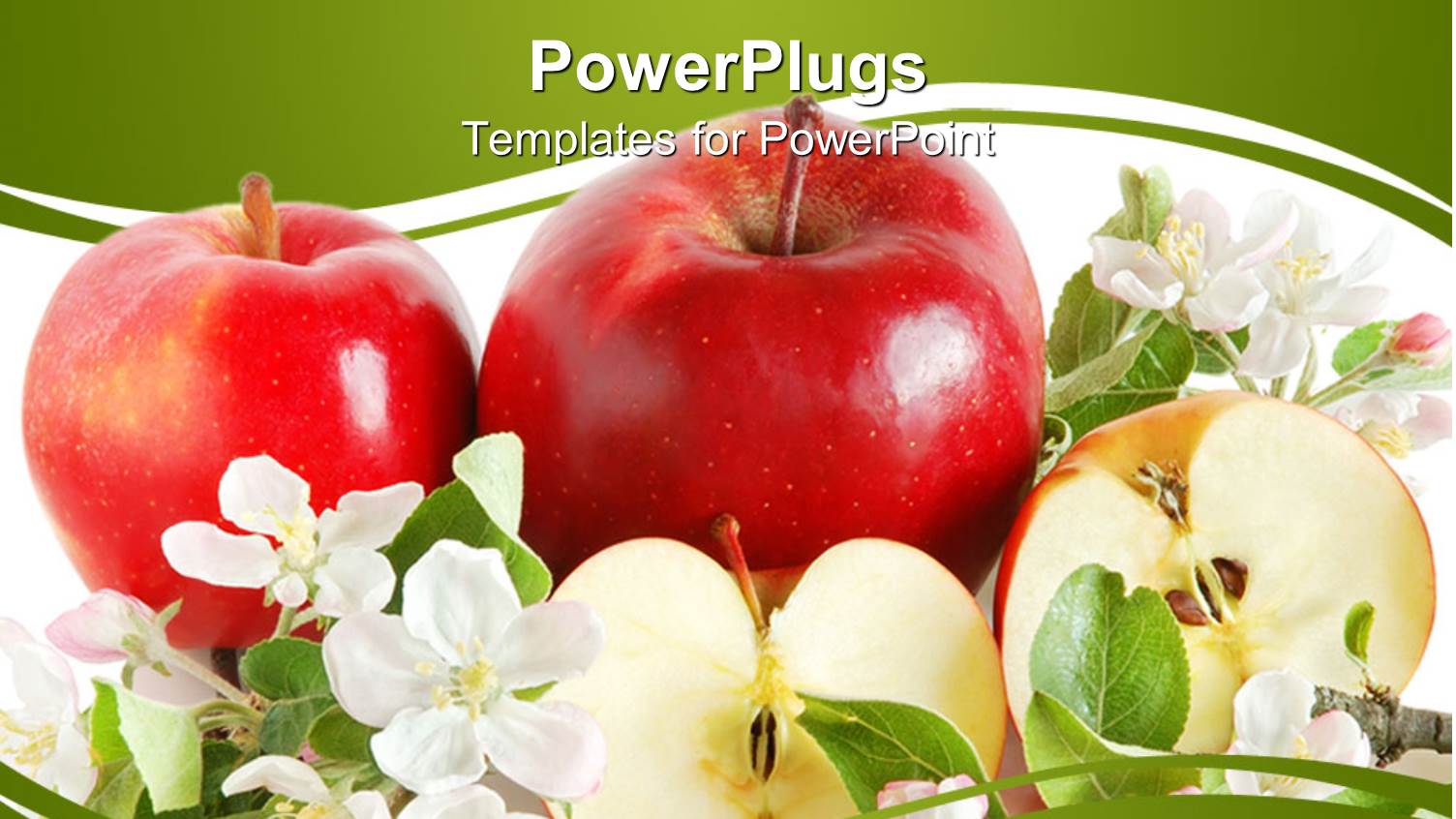 Three Red Apples, One Cut in Half, Surrounded with White Flowers and Green Leaves