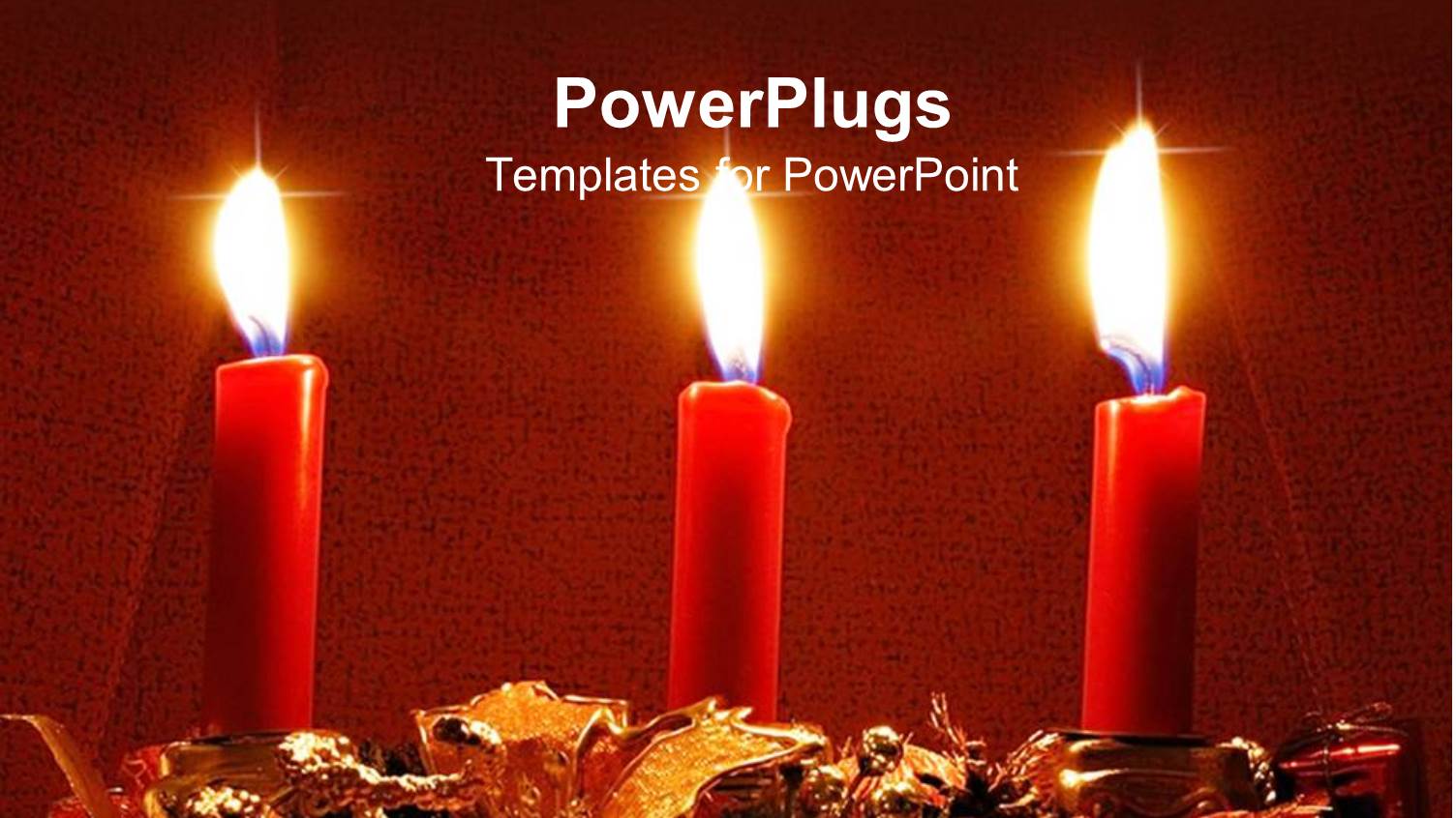 Three Red Burning Candles on Holiday Decoration with Red and Gold