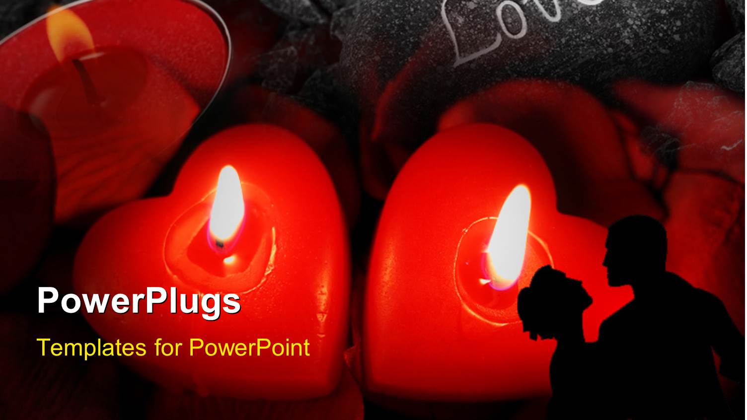 Three Red Heart Shaped Lighted Candles Burning with Love Engraved on Stone