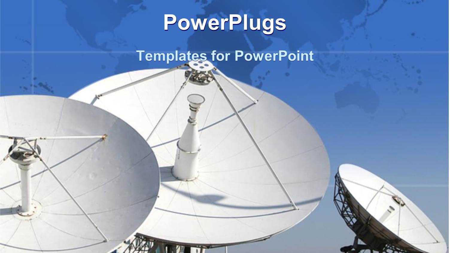 Three Satellite Dishes Over Plain Map of World on Blue Background