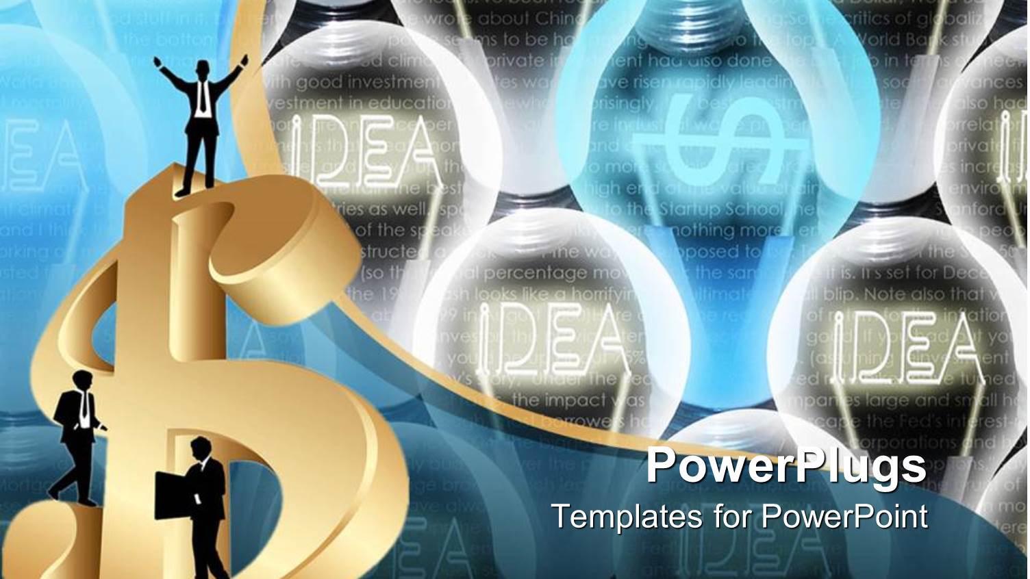 Three Silhouettes of Business Man on 3D Golden Dollar Sign with Idea Light Bulbs on Background