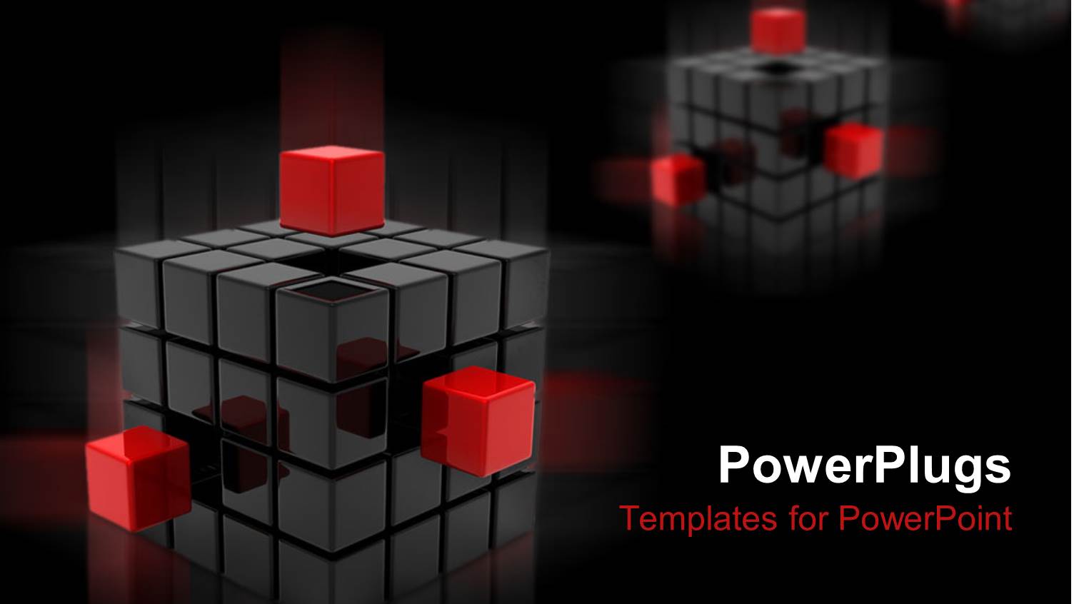 Three Silvery Black Cubes with Three Red Cubes on Black Background