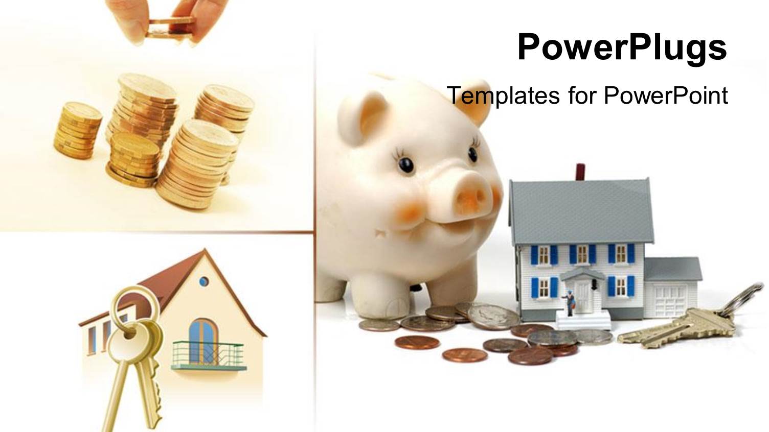 Three Tiles Showing Stacked Up Coins, a House and a Key with a Piggy Bank