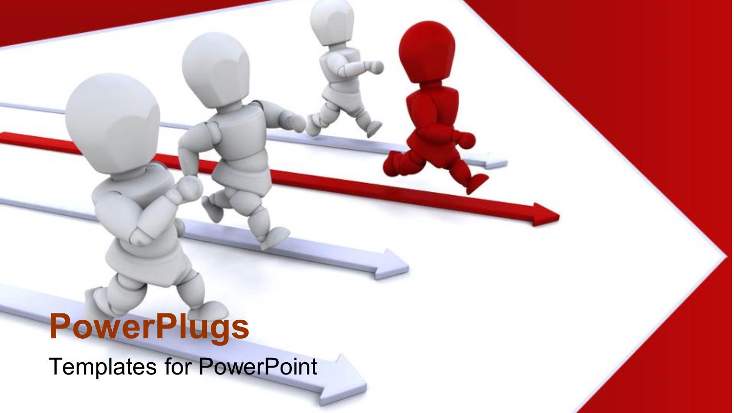 Three White 3D Human Characters Running with a Leading Red One