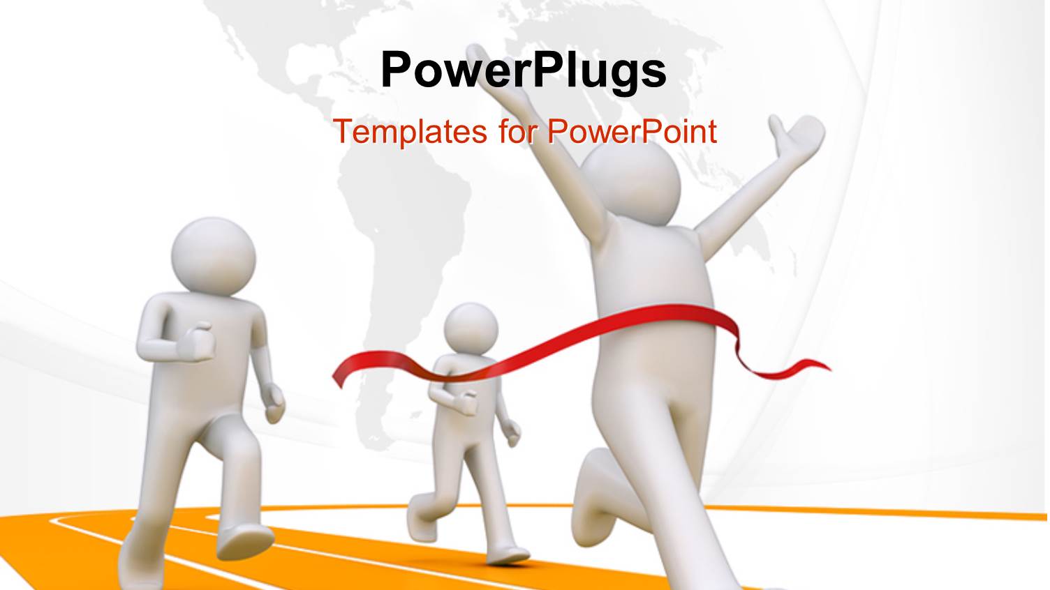 Three White Figures at Finish Line with Winner in Victory Pose