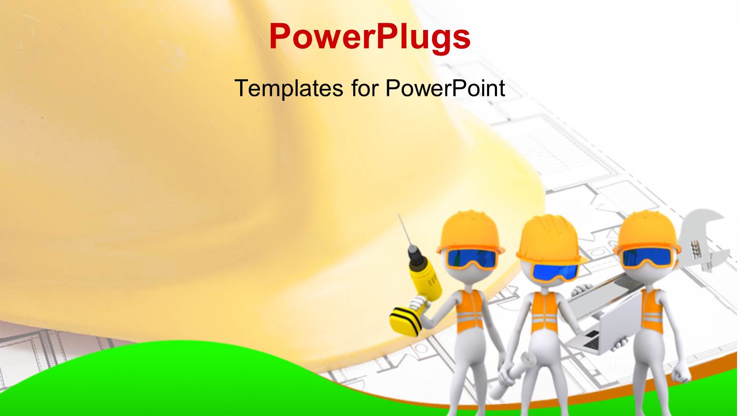 Three White Figures in Safety Vests and Hard Hats Holding Tools