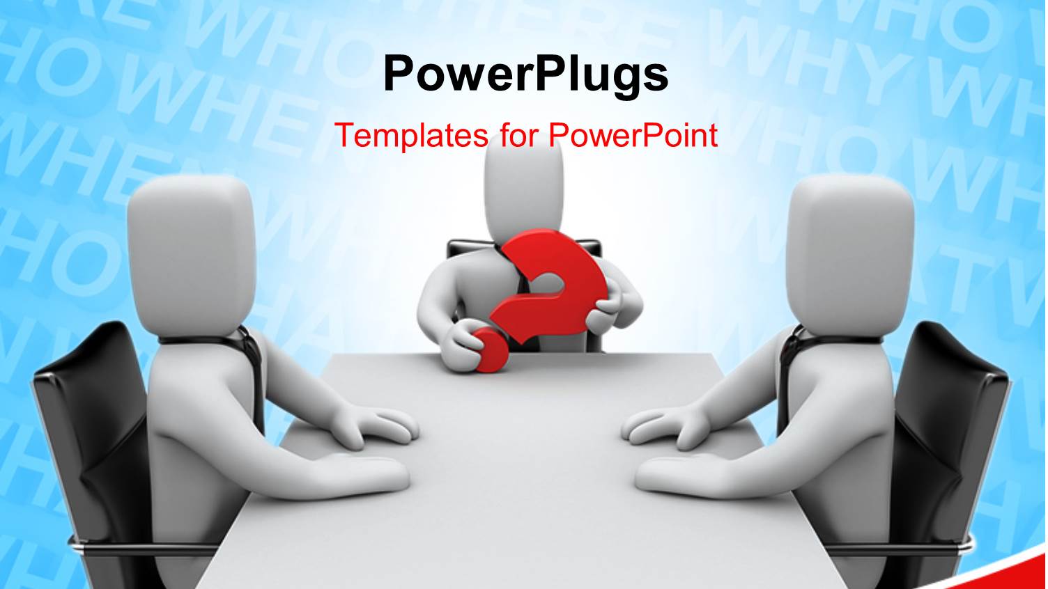 Three White Figures Sitting Around Conference Table with One Member Holding Red Question Mark