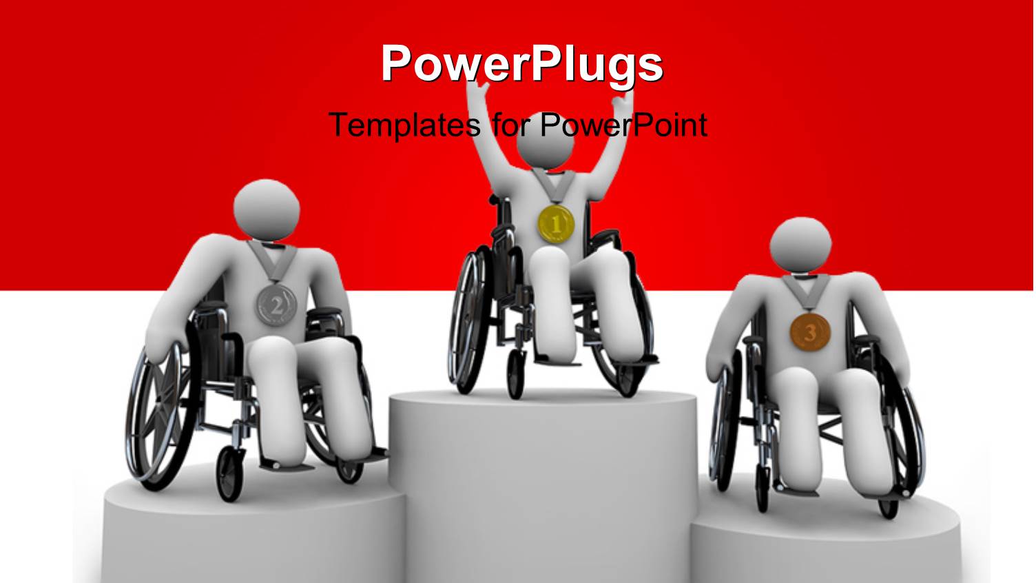 Three White Figures in Wheelchairs with First, Second, and Third Place Medals