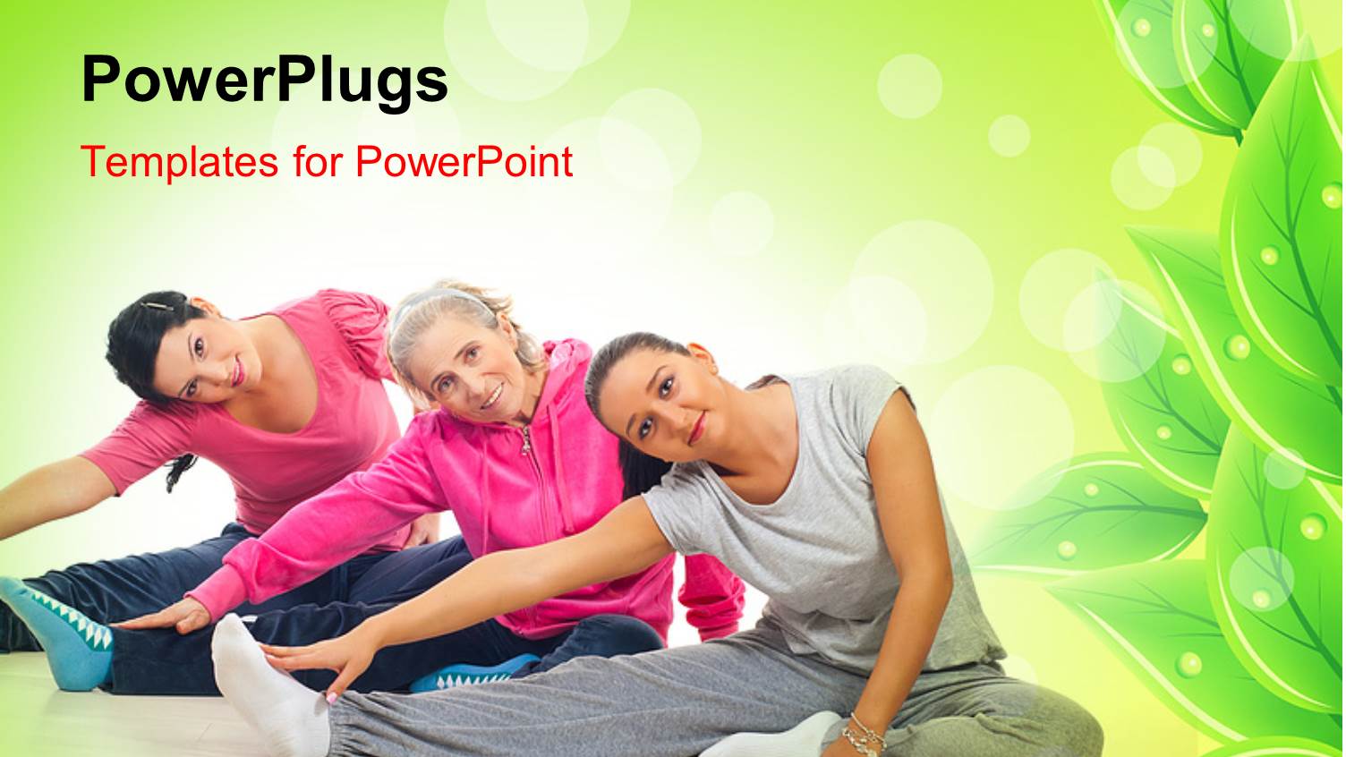 Three Women Exercising to Keep Fit with Green Leaves in Background