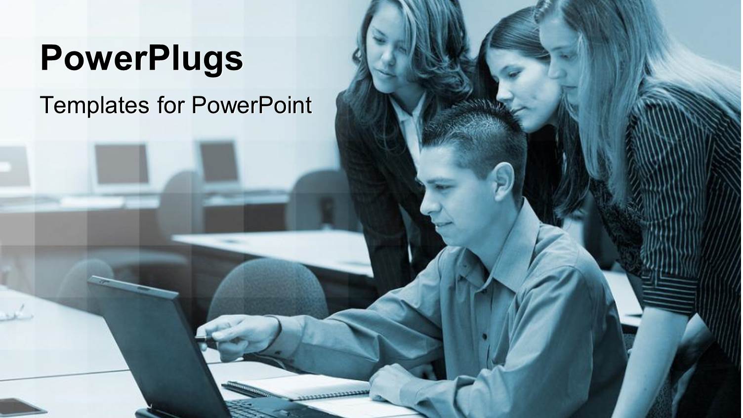 Three Women Gathered Around Man Sitting at a Laptop