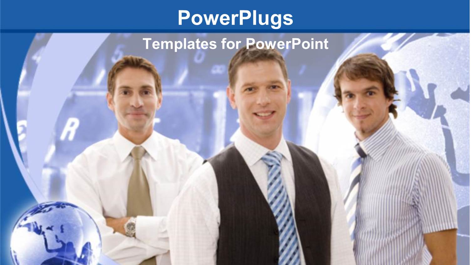 Three Young Businessmen with Keyboard and World, Global Business