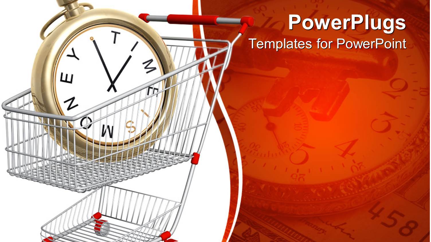 Time is Money Metaphor with Clock in Shopping Cart, Key, Clock and 20 Dollar Bill in Red Background