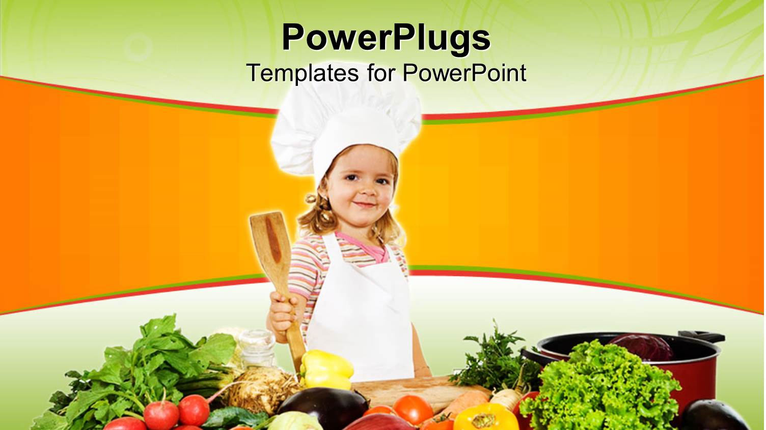 tiny Girl Chef Holding Wooden Cooking Spoon Surrounded by Vegetables